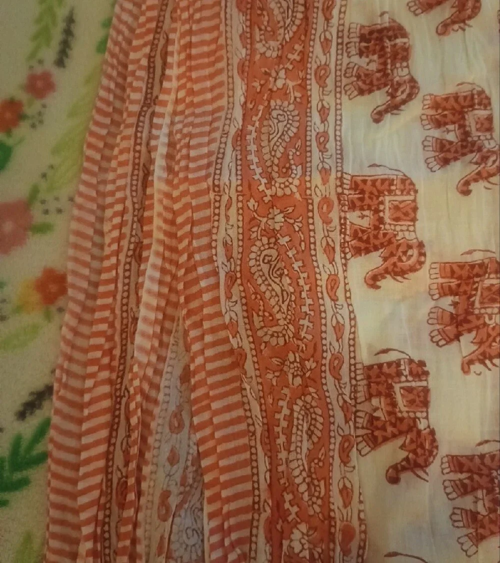 Lightweight White Dupatta Scarf with Terracotta Elephant Print